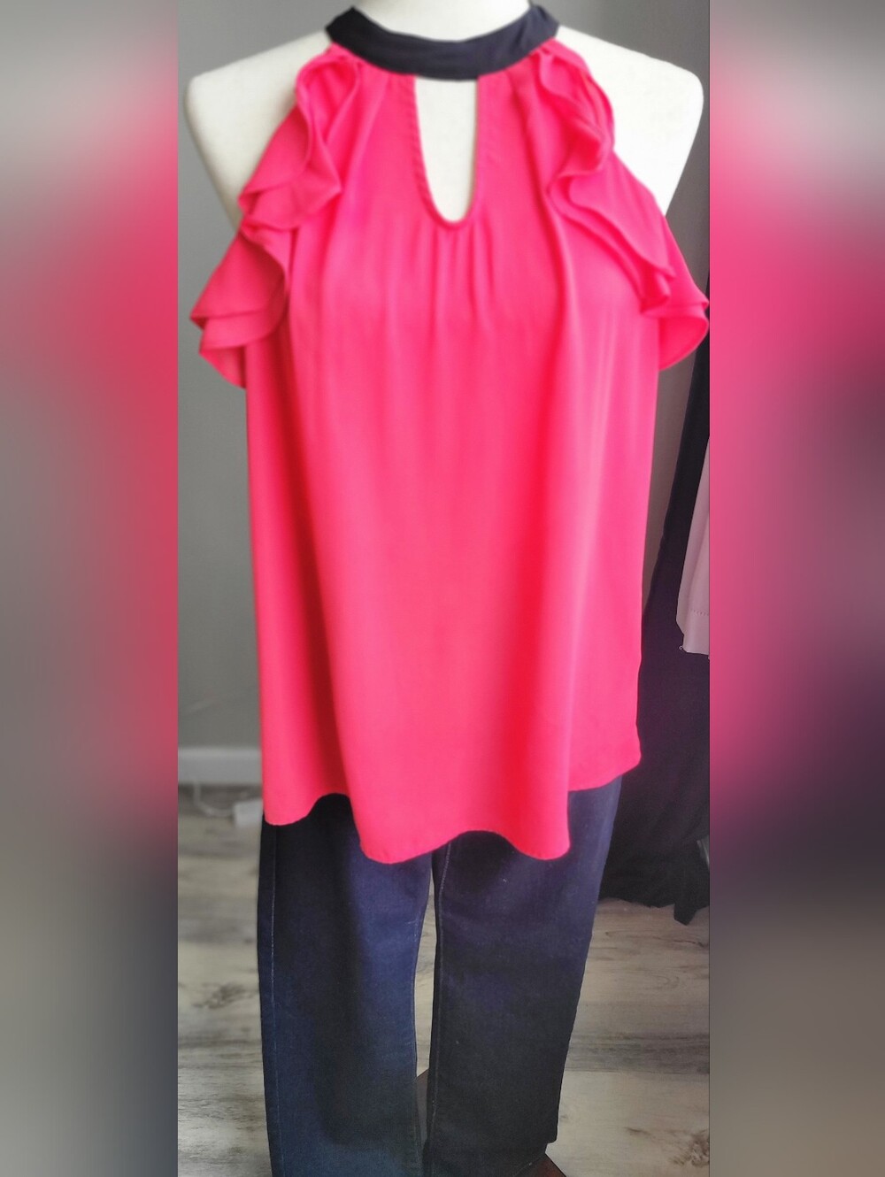 NY Collection Hot Pink Ruffle Sleeve Blouse Keyhole Neck Tie Back Top Size Small